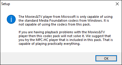 A warning box regarding the Movies and TV app during K-Lite codec installation