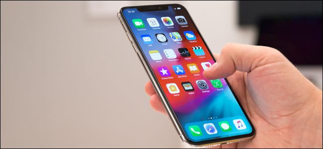 Hand holding an iPhone XS showing the home screen.