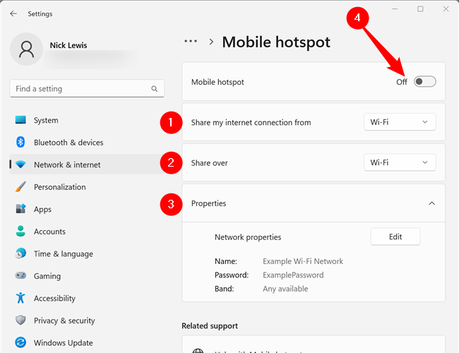 Customize your hotspot settings, then click the toggle button at the top to enable your Wi-Fi hotspot on Windows.