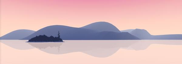 3D-представление пейзажа: Это розовый закат с голубыми горами на заднем плане, окруженный морем зеркал и темно-синим островом на втором плане.