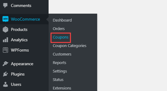 The WooCommerce Coupons tab in the dashboard
