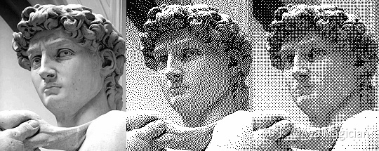 左：原图；中：Floyd–Steinberg dithering；右：Ordered dithering。图源 wiki