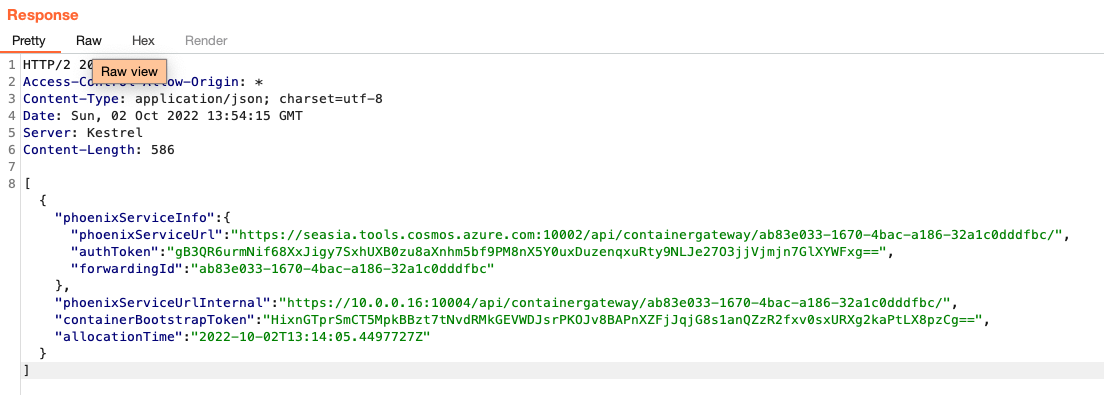 The Cosmos DB endpoint response on portal.azure.com.