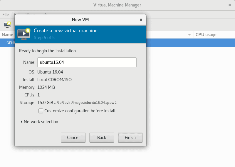 在 virt-manager GUI 中确认创建 VM 的设置参数