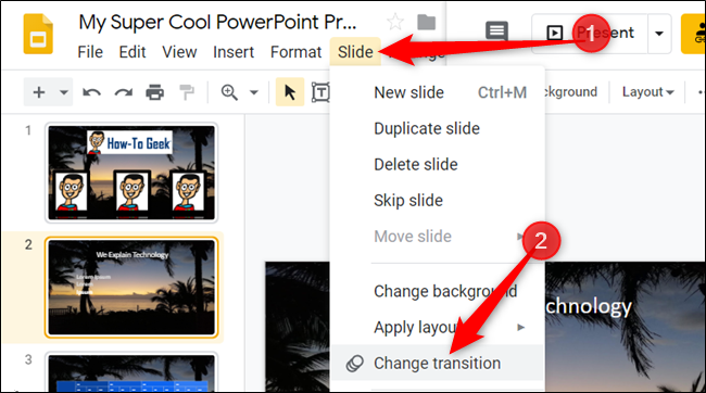 Click Slide > Change transition to open the Transitions pane.