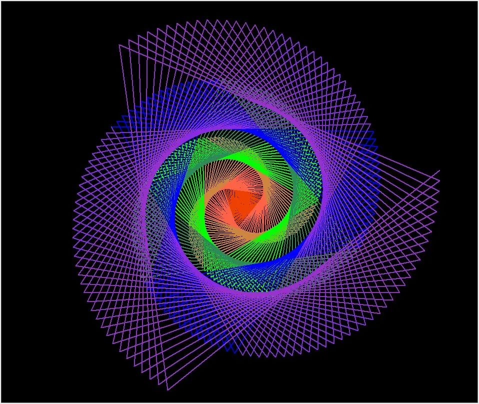 python turtle绘图[难度2星]:多边形螺旋线(颜色交叉/颜色分层)