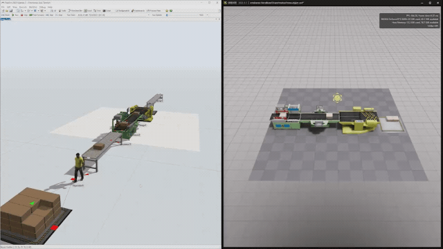 Omniverse Live connection of a simulation model in FlexSim and USD Composer.