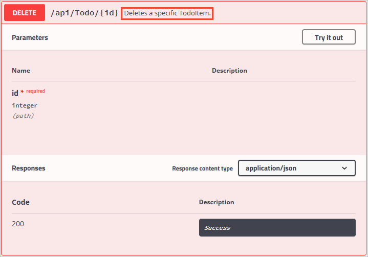 显示 DELETE 方法的 XML 注释“删除特定 TodoItem”