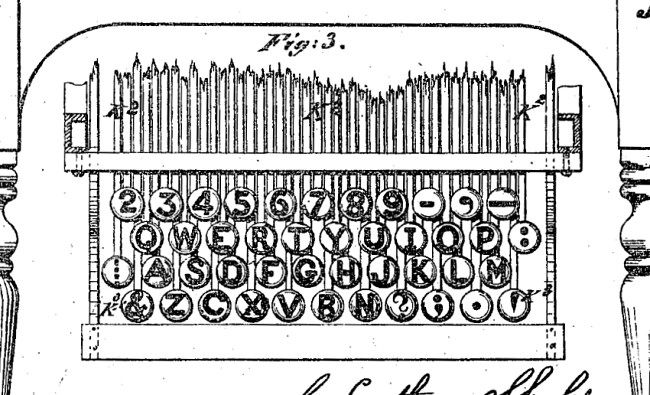 The QWERTY keyboard on the Sholes 1878 typewriter patent.