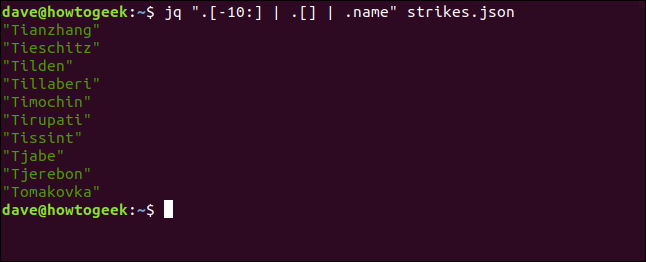 The "jq ".[-10:] | .[] | .name" strikes.json" command in a terminal window.