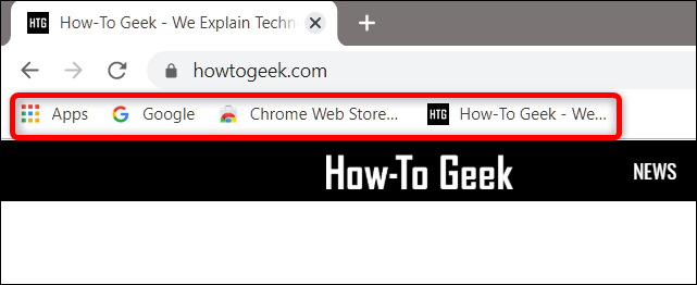 Immediately, the bookmarks bar appears when enabled, showing all pinned web pages