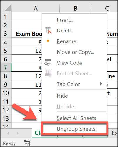 Click "Ungroup Sheets."