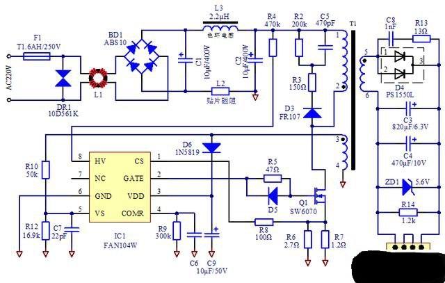 圖1 某開關電源電路圖帖子上說該電路的輸出能力為5v-2a,那麼我們從左