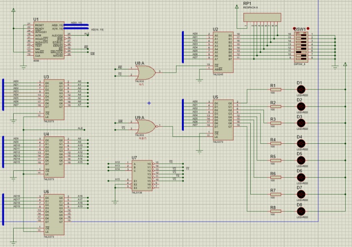 所用元件:74ls245(双向缓冲器),74ls373(双向锁存器),74ls02(或非门)