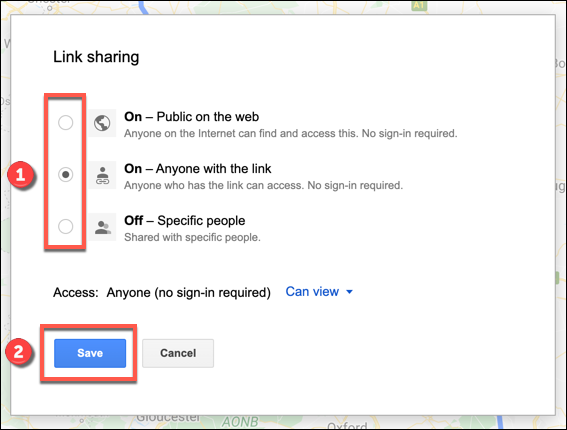 The link sharing options for a custom Google Maps map