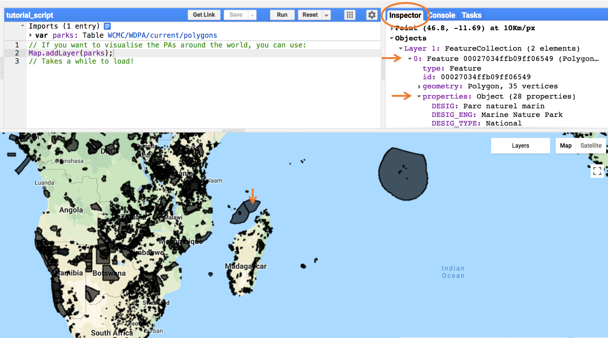 Earth Engine Inspector layout screenshot