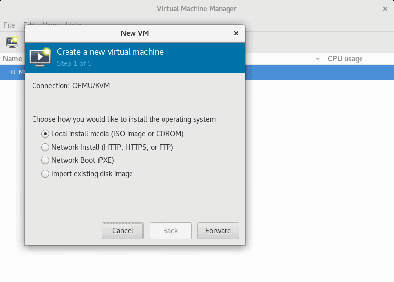 在 virt-manager GUI 中选择安装方法