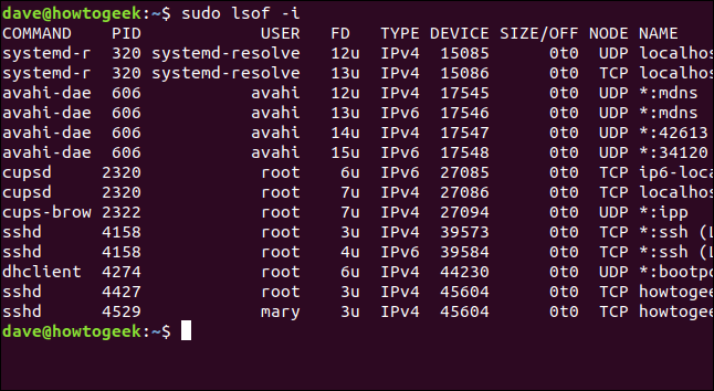 lsof output in a terminal window