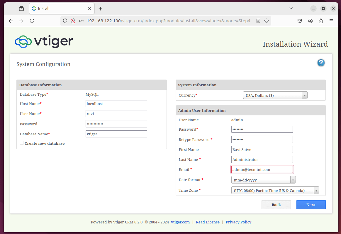 Vtiger CRM 数据库设置