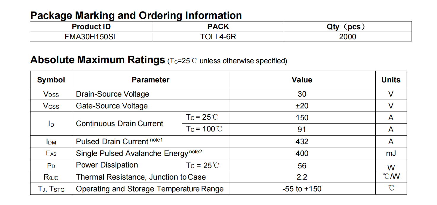 N-Channel Trench Power MOSFET FMA30H150SL