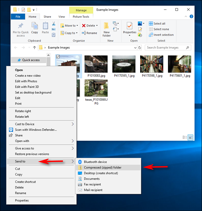 Click "Send to," and then select "Compressed Zip Folder" in Windows 10.