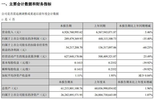 深天马A第一季度净利润为2.89亿元 同比减少35.4%