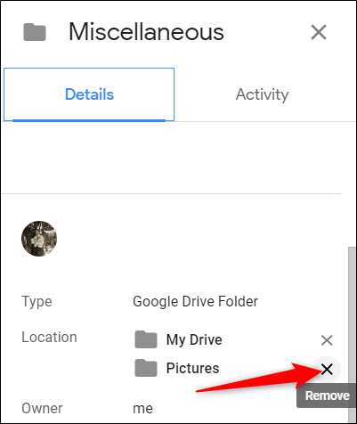 Under "Location," click the "X" next to the folder where the file is linked to.