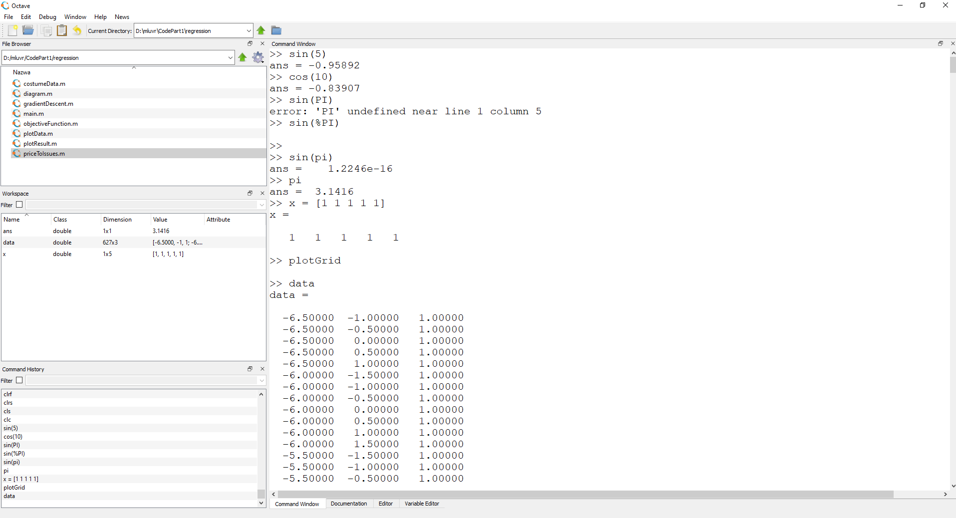 Octave graphical user interface. A window filled with numbers and commands.