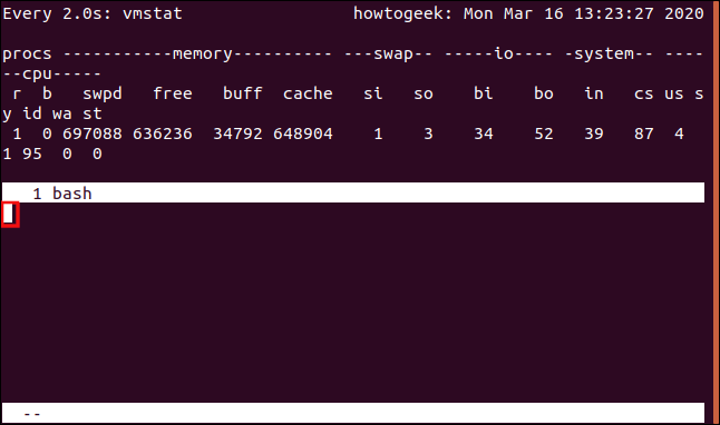 A "screen" window session split into two horizontal regions with cursor in the bottom region in a terminal window.