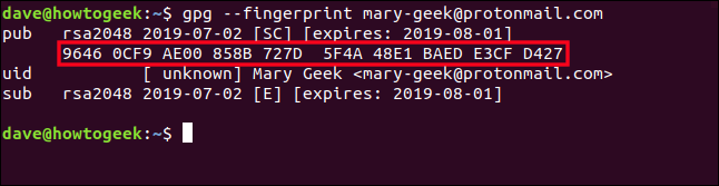 gpg fingerprint in a terminal window