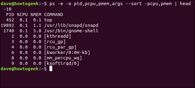 Output from ps -e -o pid,pcpu,pmem,args --sort -pcpu,pmem | head 10