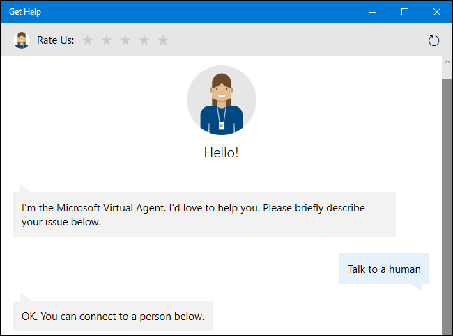 Asking the virtual support agent for a human representative on Windows 10