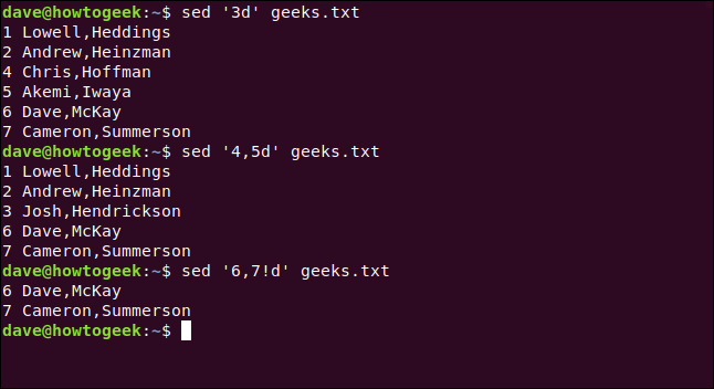 The "sed '3d' geeks.txt," "sed '4,5d' geeks.txt," and "sed '6,7!d' geeks.txt" commands in a terminal window.