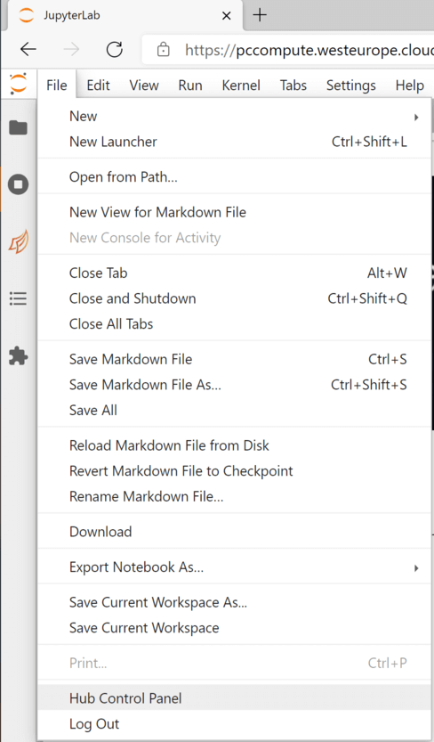 Jupyterlab 菜单显示如何打开集线器控制面板。