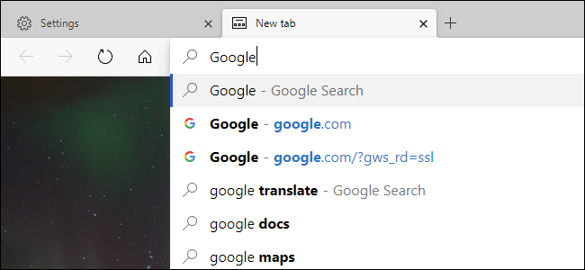 Searching with Google from the new Edge's address bar.