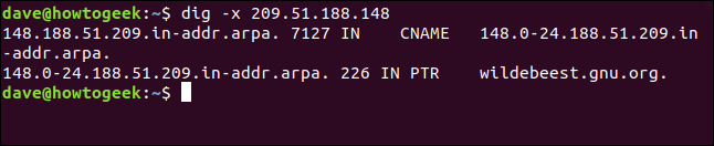 The "dig -x 209.51.188.148" command in a terminal window.