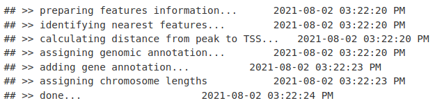 peakAnno <- annotatePeak(macsPeaks_GR, tssRegion = c(-500, 500), TxDb = TxDb.Mmusculus.UCSC.mm10.knownGene,