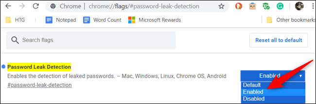 To enable the flag, click the dropdown box for "Password Leak Detection" and choose "Enabled" from the list.