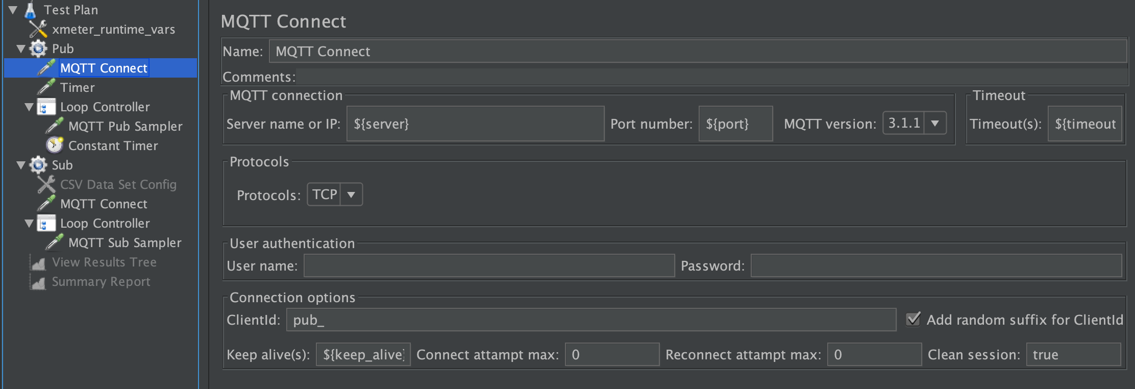 Figure 6 JMeter test script for MQTT testing