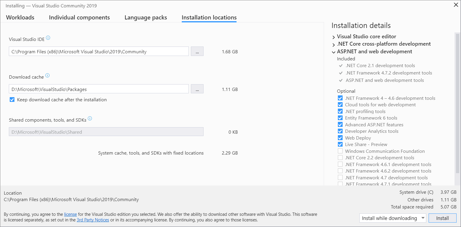 Visual Studio 安装程序的屏幕截图，其中显示了安装位置选项卡的视图。