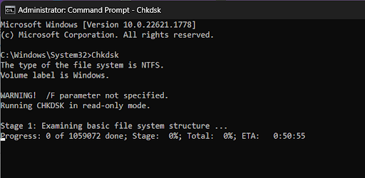 使用命令 CHKDSK - 命令提示符窗口