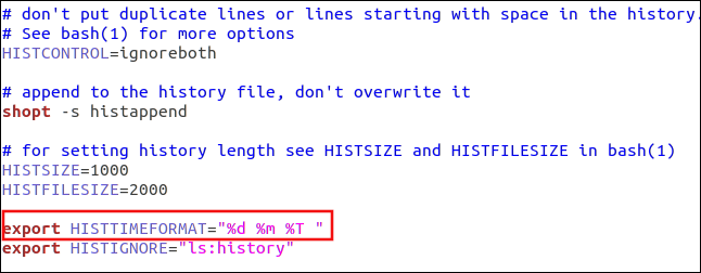 The export HISTTIMEFORMAT="%d n%m %T " command in gedit.