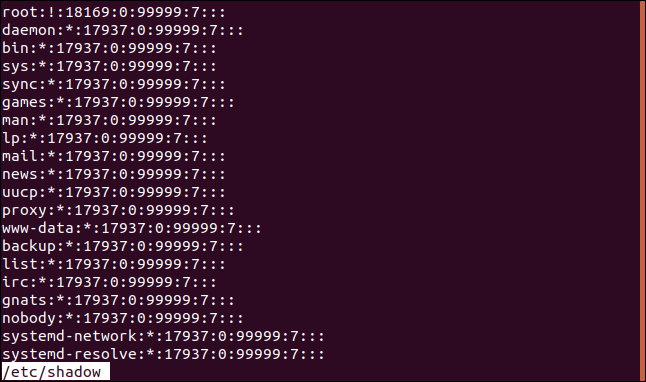 th e/etc/shadow file in less in a terminal window