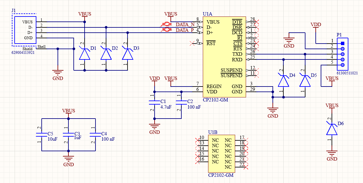 CP2102 USB 转 UART 原理图