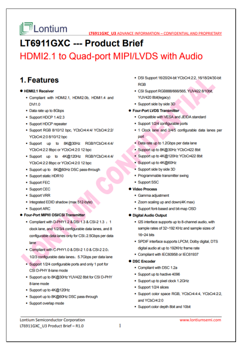 LT6911GXC HDMI2.1 至四端口 MIPI/LVDS，带音频