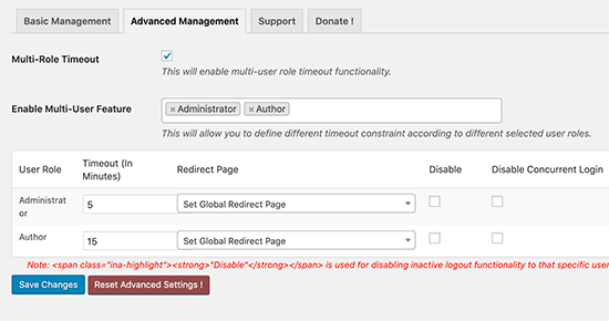 Multi-role idle user timeout settings