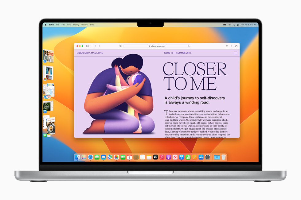 On the 14-inch MacBook Pro, the new Foreground Scheduling feature stacks several app windows on the left side of the Safari browser window.