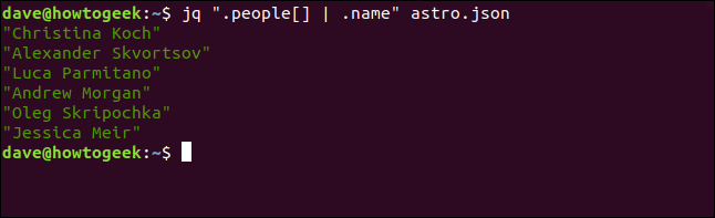 The "jq ".people[] | .name" astros.json" command in a terminal window.