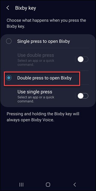 bixby key settings with Double press to open Bixby call out.